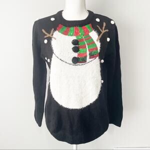 Forever 21 snowman holiday Christmas sweater size small black crew pullover